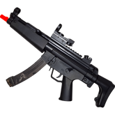 MP5 orby gun in black finish with foldable stock, tactical rails, and automatic firing mode.